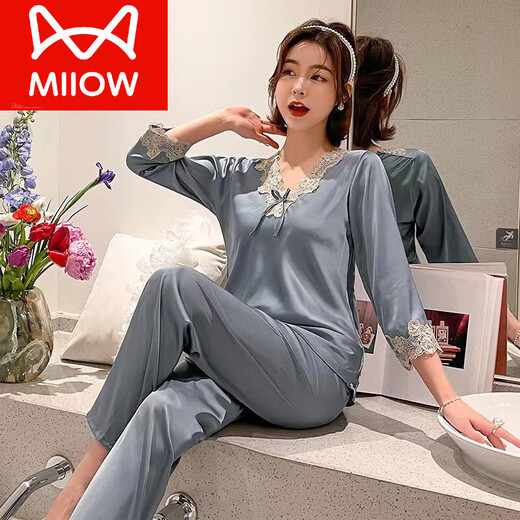猫人（MiiOW）高档真丝睡衣女两件套桑蚕丝绸2024年新款家居服套装春夏薄款妈妈 长 袖9856大红套 XL 【115-130斤】
