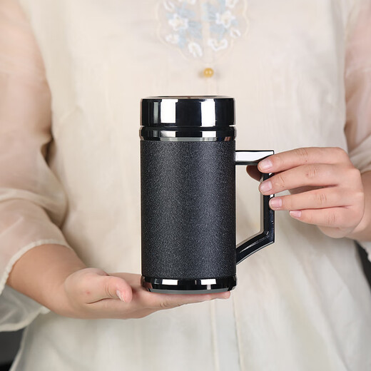 檀轩阁紫砂茶杯紫砂内胆保温杯男士高档水杯送父亲老师节日礼品定制刻字 镜面磨砂黑（红木盒套装）450ml