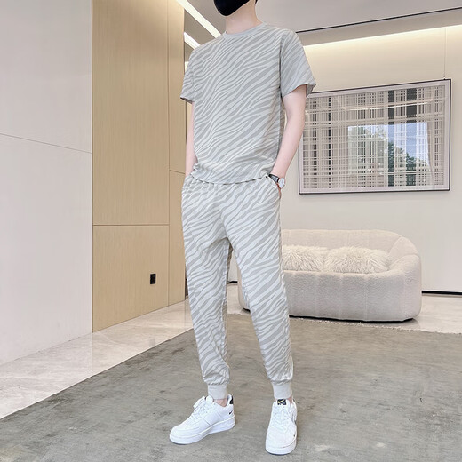 NASA RHUDE夏季冰丝短袖T恤运动套装男潮牌男装套装潮流休闲男夏天衣服夏装 719灰色(短袖+长裤) 4XL (175-190斤)