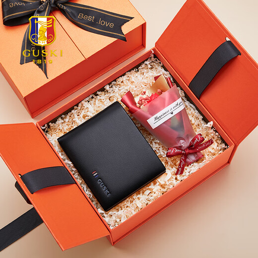 GUSKI brand men's wallet, men's genuine leather short style, high-end leather jacket, first-layer cowhide card bag gift box, birthday gift, Qiji red, orange heart, exclusive for you, fashionable short style