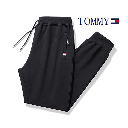 TOMMY JEANS Tommy Tommy spring and summer pure cotton thin fashion casual pants men's drawstring sweatpants straight pants leggings trousers black - leggings XL