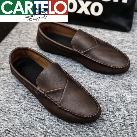 卡帝乐鳄鱼（CARTELO）男鞋2025新款春秋韩版潮一脚蹬皮鞋真皮懒人圆头豆豆鞋休闲皮鞋男 D829黑色 39