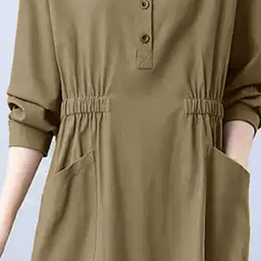 Zimu-Baumwoll- und Leinenherbst-Kleidung für Frauen, literarisches und lässiges Polokragen mit mittlerer Länge mit langen Ärmeln locker schlanker Rock 9859 Khaki M (Empfohlen 95-115jin [Jin entspricht 0,5 kg]))