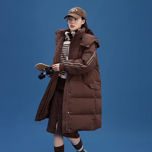Ai Lai mid-length down jacket women's casual hooded Korean style duck down over-the-knee winter coat honey tea brown 155