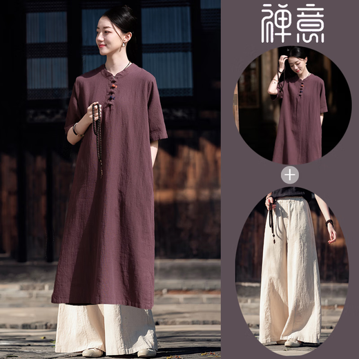 Ropa Zen, nueva ropa de té para mujer de estilo budista chino, ropa de laico con bloques de color de estilo chino mejorado, vestido de túnica Zen para mujer, túnica púrpura Zen + pantalones anchos de color cáñamo 6197# Talla única