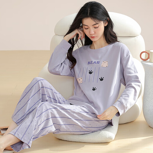 
Catman 100% pure cotton home clothes pajamas women's skin-friendly and comfortable modification neck lines long-sleeved pants can be worn outside suit autumn and winter [pure cotton + round neck style] 9904 Women's style L [Suggest weight 100-120 Jin [Jin equals 0.5 kg]]