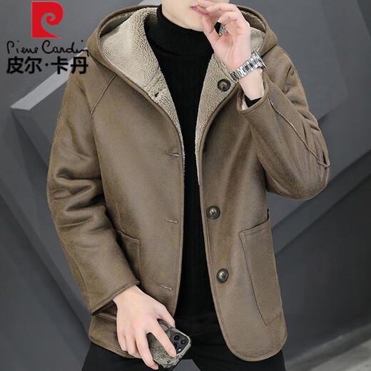 Pierre cardin hooded fur pellet lamb velvet composite fur one-piece coat for men thickened two sides wearing imitation sheep velvet leather jacket camel color (wrapped on both sides) 3XL 150-170Jin [Jin equals 0.5 kg]