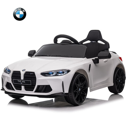 Haolaixi BMW children's electric car four-wheel car remote control toy car can sit a child and baby with a swing baby stroller, top with painted silver + soft wheel leather seat + remote control swing + Bluetooth music + portable pull rod