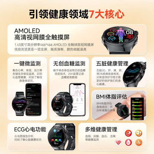 FUKR华为机适用智能健康血糖血压监测手表测无创血脂尿酸血氧心率一体机免扎针仪器睡眠动态手环 【德国进口芯片+五脏微监测+血糖尿酸血压一体机】