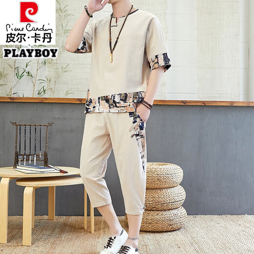 皮尔卡丹（pierre cardin）夏季棉麻短袖T恤男士中国风盘扣拼接大码套装复古七分裤两件针织 白色687【七分裤套装】 XL