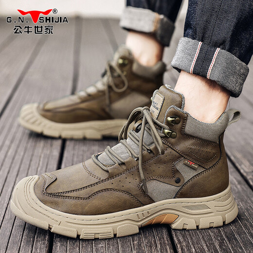 
Bull Family Men's Shoes Spring and Autumn New Handmade Outdoor Non-Slip Martin Boots Men's Casual High-top Leather Shoes Working Boots Men's Khaki [Four Seasons Single Shoes] GN124101279 41 (Sports Shoes Size)