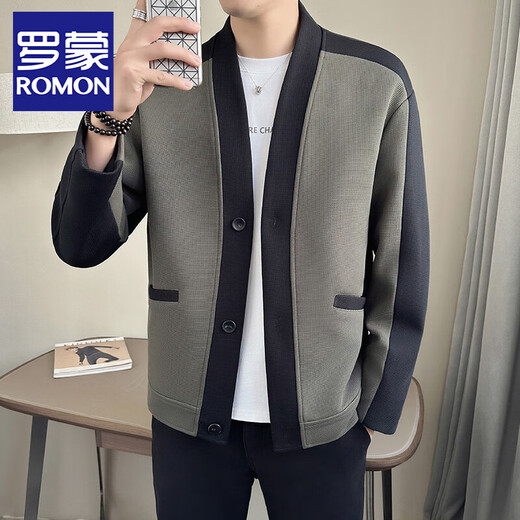 罗蒙（ROMON）华夫格开衫外套男士春秋季潮流男装上衣潮牌痞帅拼色休闲夹克 K687绿色 3XL