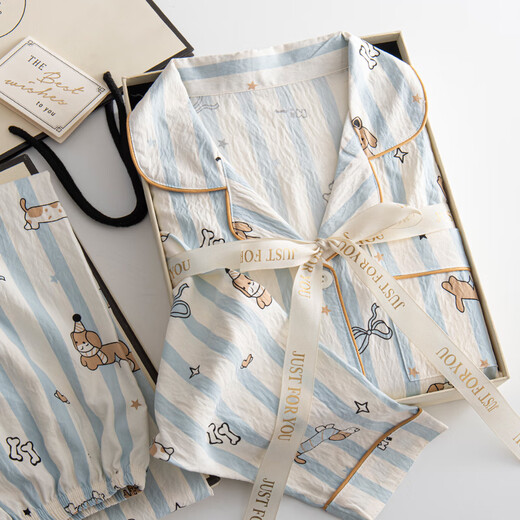 Cat man cute rabbit long-sleeved pajamas for women in spring and autumn thin pure cotton gauze 2025 new summer outdoor wear home clothes 826#KT cat#[Long Sleeve + Trousers] M [Suggest 80-100Jin[Jin equals 0.5 kg]]