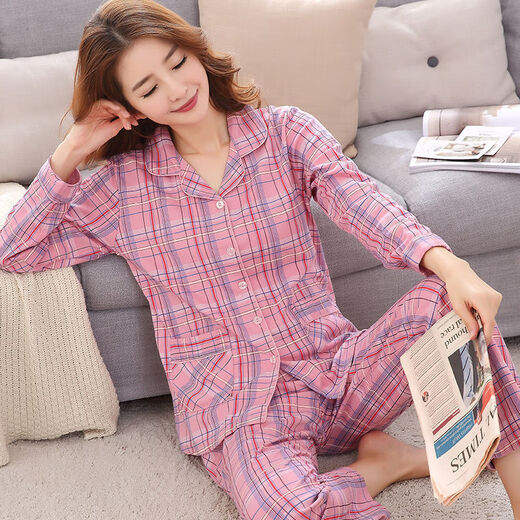 
Pure cotton pajamas women's long-sleeved spring and autumn suit summer cardigan large size middle-aged home clothing 842 XL suitable for 120-140Jin [Jin equals 0.5 kg]