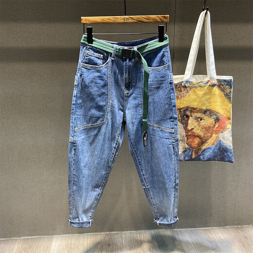 北海二巷拼接立体大口袋工装牛仔裤男夏季薄款宽松九分锥形萝卜哈伦裤修身 蓝色 36 (175-185斤)
