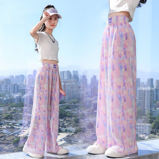 
NICKYBABY girls wide-leg pants summer thin children's ice silk pants large children's summer clothing girls mosquito-proof pants straight trousers loose 15123 blue green + 9889 white [set] 120 cm