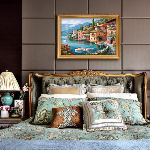 
Diqi Haibin Town Landscape Oil Painting Hand-painted Seascape Oil Painting European style entrance entrance decoration painting Living room and dining room hanging painting 692 gold solid wood frame 120X80