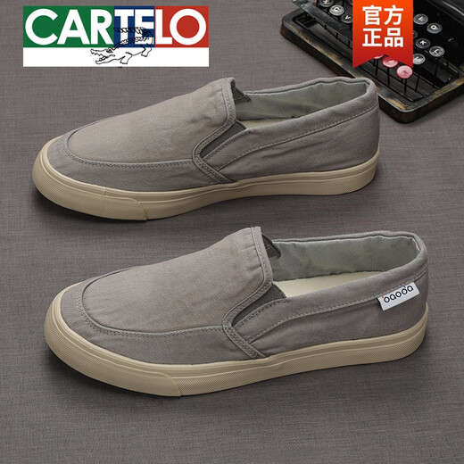 卡帝乐鳄鱼（CARTELO）男鞋2025年夏季新款低帮透气一脚蹬懒人百搭软底休闲板鞋帆布鞋男 黑卡 22318 40