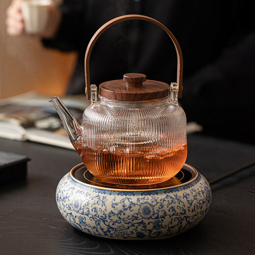 Xi Yuanji blue and white Ru kiln electric pottery stove for tea kettle and stove tea pot household thickened high temperature resistant glass tea kettle and kettle flowery beige Ru kiln round melt electric pottery stove + transparent vertical pattern lifting beam kettle