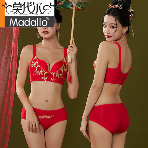 莫代尔内衣女士本命年大红色文胸套装无钢圈聚拢四季性感蕾丝鸿运礼盒 繁花似锦 80A 36A