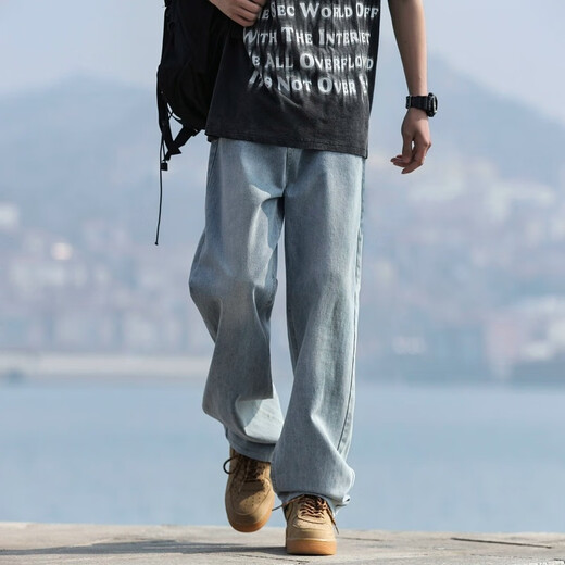 POUM 牛仔裤男秋季宽松直筒水洗裤子男港风阔腿运动工装长裤 718-K823深蓝 3XL (建议175-190斤)