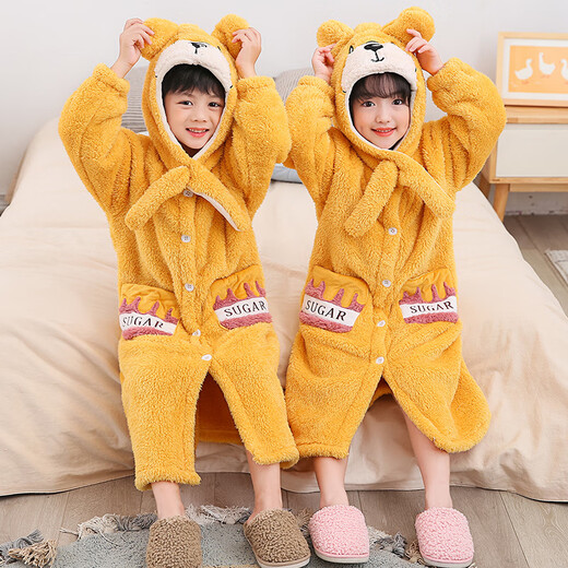 Children's pajamas autumn and winter bathrobe coral velvet lengthened to ankles thickened flannel dinosaur boys and girls home clothes small dinosaur hooded dark green thickened coral velvet 160