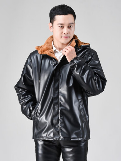 Shantou Lincun velvet thickened leather jacket and leather pants suit men's motorcycle windproof loose plus size winter leather and cotton coat driving jacket hooded velvet thickened leather jacket suit 2XL 2XL recommended 120-140Jin Jin equals 0.5 kg