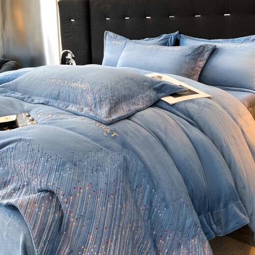 Mercury series autumn and winter light luxury milk velvet four-piece baby velvet thickened warm quilt cover embroidered bedding baby bed sheet supplies SR Meteor-Bentley Blue 2.0m bed sheet style four-piece quilt cover 220*240