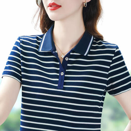 Dutron Cotton Revers kurzärmeliges T-Shirt für Frauen im Sommer Neues lose und atmungsaktives halbärmeliges Streifenpolo-Hemd mit mittleren Alterszeiten für Frauen, Gelb 3518 Modell 2xl (Empfohlen 120-130jin [Jin gleich 0,5 kg]))