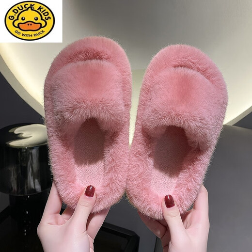 G.duck autumn and winter indoor warm children's one-line opening furry slippers for boys and girls non-slip floor cotton slippers open toe students pink one-line 701 35 yards 34-(inner length 22cm)