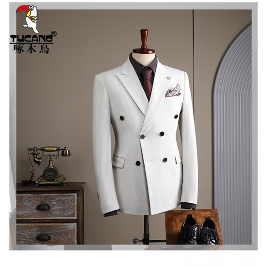 Woodpecker (TUCANO) double-breasted striped suit men's suit casual groom wedding dress business slim suit suit men 6831 black stripes (suit + trousers) 52/XL (125-135Jin Jin equals 0.5 kg)