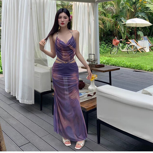 Ershanji Bikini Swimsuit Women's One-piece Snorkeling Suit for Hot Spring Beach Playing in the Water Sexy Internet Celebrity New Outerwear Purple Long Skirt Bikini 80-120Jin Jin equals 0.5 kg