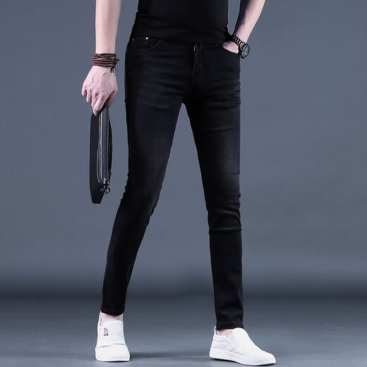 
KuRenTou high-end jeans for men's trendy versatile slim-fitting long pants for 2025 spring and summer new men's pants 1048 black regular 28