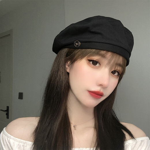 Hetong beret women's thin summer octagonal hat Korean style Japanese style British retro painter hat trend QT-221 black M (56-58cm)