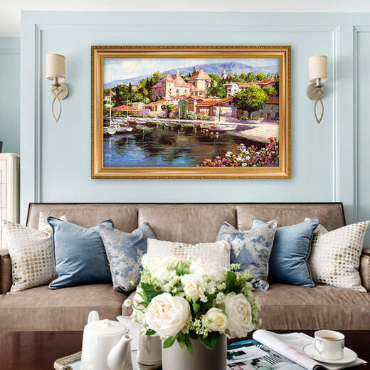 Diqi europäischer Stil Sea View Town Landschaft handbemalte Ölgemälde Eingang Eingangsbilder amerikanische Schlafzimmer Wohnzimmer Dekoration Gemälde 692 Gold Massivholz Rahmen 140x90