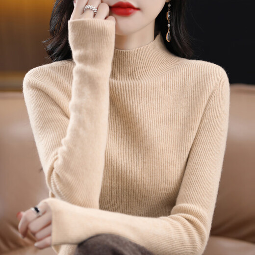 GUJIN knitted bottoming shirt for women, half turtleneck sweater, slim long-sleeved mid-collar top, black