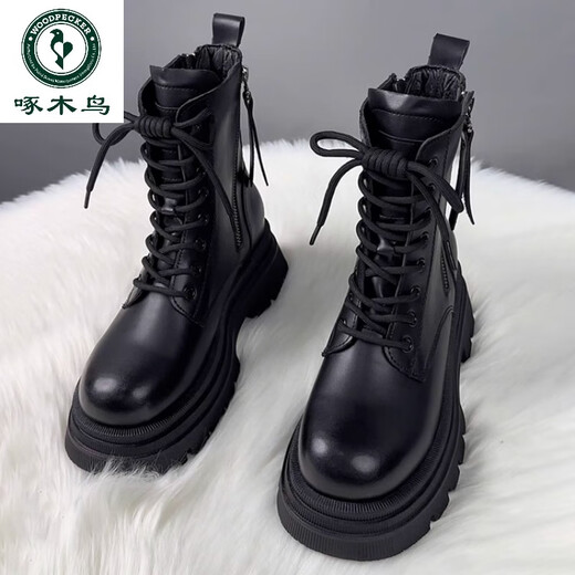 
Woodpecker genuine leather thick-soled Martin boots for women 2025 new spring and summer fashion trend British style short boots autumn and winter plus fleece single boots black * single 37