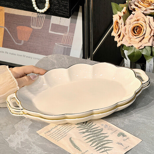 Xibaisheng Tazón de cerámica de Alto Valor Tazón para Comer en el hogar Plato Plato Tazón de Sopa de Doble Oreja Vajilla de Color bajo vidriado Juego de Palillos Plato de Pescado de 12,5 Pulgadas 2 Piezas 1392 Borde Dorado