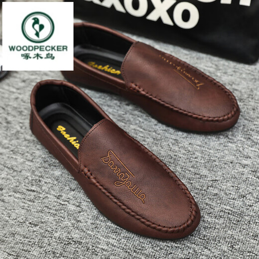 
Woodpecker summer new men's beanie shoes 2025 driving casual leather shoes soft sole kick men's trendy street shooting internet celebrity shoes D838 black 39