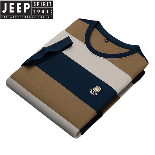 JEEP SPIRIT短袖t恤男夏季新款潮牌纯棉圆领半袖男士时尚休闲条纹T恤潮流男装 6197-牛仔蓝 48