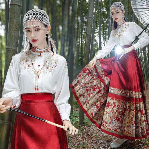 闻莺燕明制改良汉服成人女国风敬酒服刺绣钉珠衬衫妆花织金马面裙套装 9716红金缔结马面裙 2XL