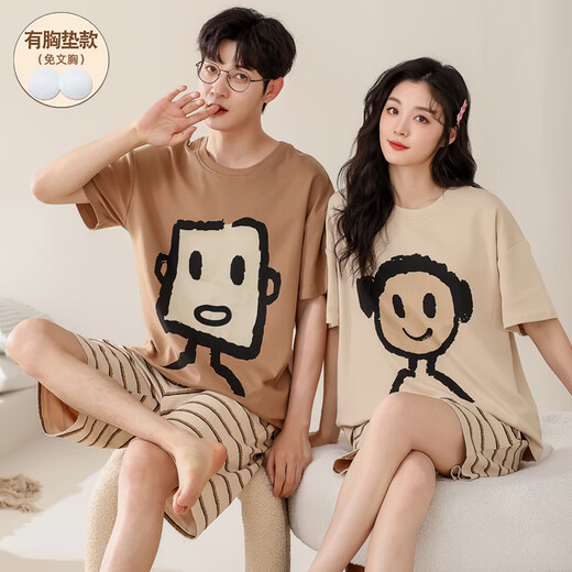 
Cat man Xinjiang cotton chest pad couple pajamas summer short-sleeved men and women's thin cute cartoon casual home clothing GEY-687 fox and rabbit M women's model [80-100Jin [Jin equals 0.5 kg]] (without breast pad)