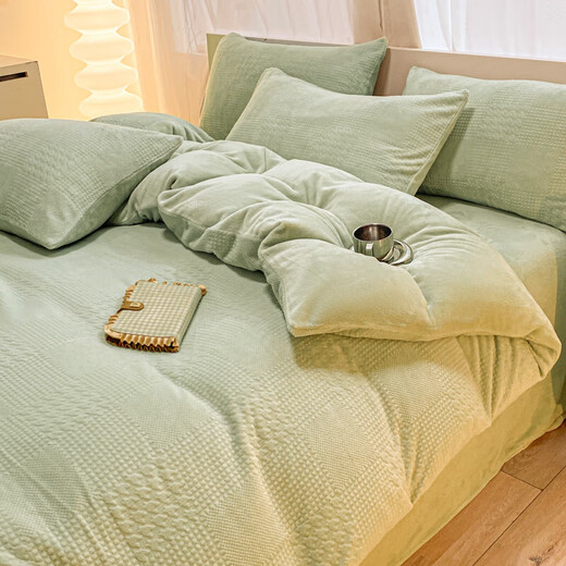 Jialiya juego de cama de cuatro piezas terciopelo de leche invierno terciopelo de doble cara más fundas de almohada gruesas de terciopelo, sábanas ajustables, fundas de edredón, juego de sábanas de cuatro piezas, patrón de pata de gallo-verde, juego de sábanas de cuatro piezas/funda de edredón 200*230