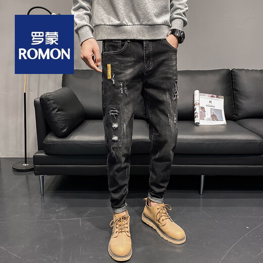 罗蒙（ROMON）春秋冬季男士牛仔裤个性破洞补丁裤弹力修身小脚男装裤耐磨长裤子 6636黑色 28 腰围2尺1