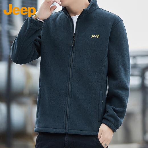 JEEP Sweater Men's Autumn and Winter Polar Fleece Thick Warm Cardigan Jacket Men's Loose Stand Collar Men's Gray Green XL