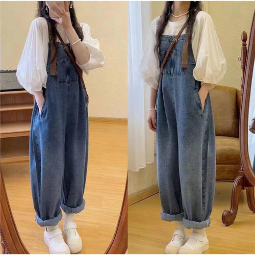 Spring and autumn styles of pregnant women wearing denim trousers age-reducing new large size loose small maternity suit autumn suit denim overalls + top (suit) XL (125-140Jin [Jin equals 0.5 kg])