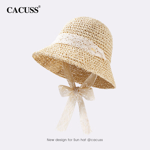 CACUSS帽子女防晒帽遮阳帽蕾丝草帽春夏新款沙滩度假甜美百搭可折叠米色