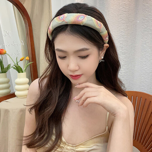 HANS’F高端刺绣羽毛高颅顶发箍女2025新款高级感洋气时尚洗脸发卡头饰夏 绿色孔雀翎发箍