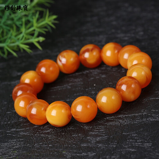 Mushu natural chicken fat yellow old beeswax amber round bead bracelet, unoptimized raw stone old beeswax bucket bead bracelet for men and women, collection grade 14mm (men and women)