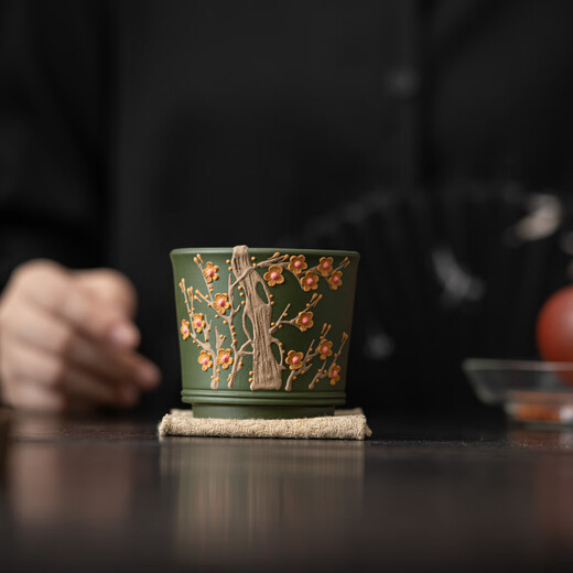 SUSHI CERAMICS raw purple sand green clay plum blossom cup Chen Ruiling's work master cup tea cup Kung Fu cup companion gift box